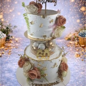 Elegant White and Gold Tiered Cake by Bakers Home Bengaluru