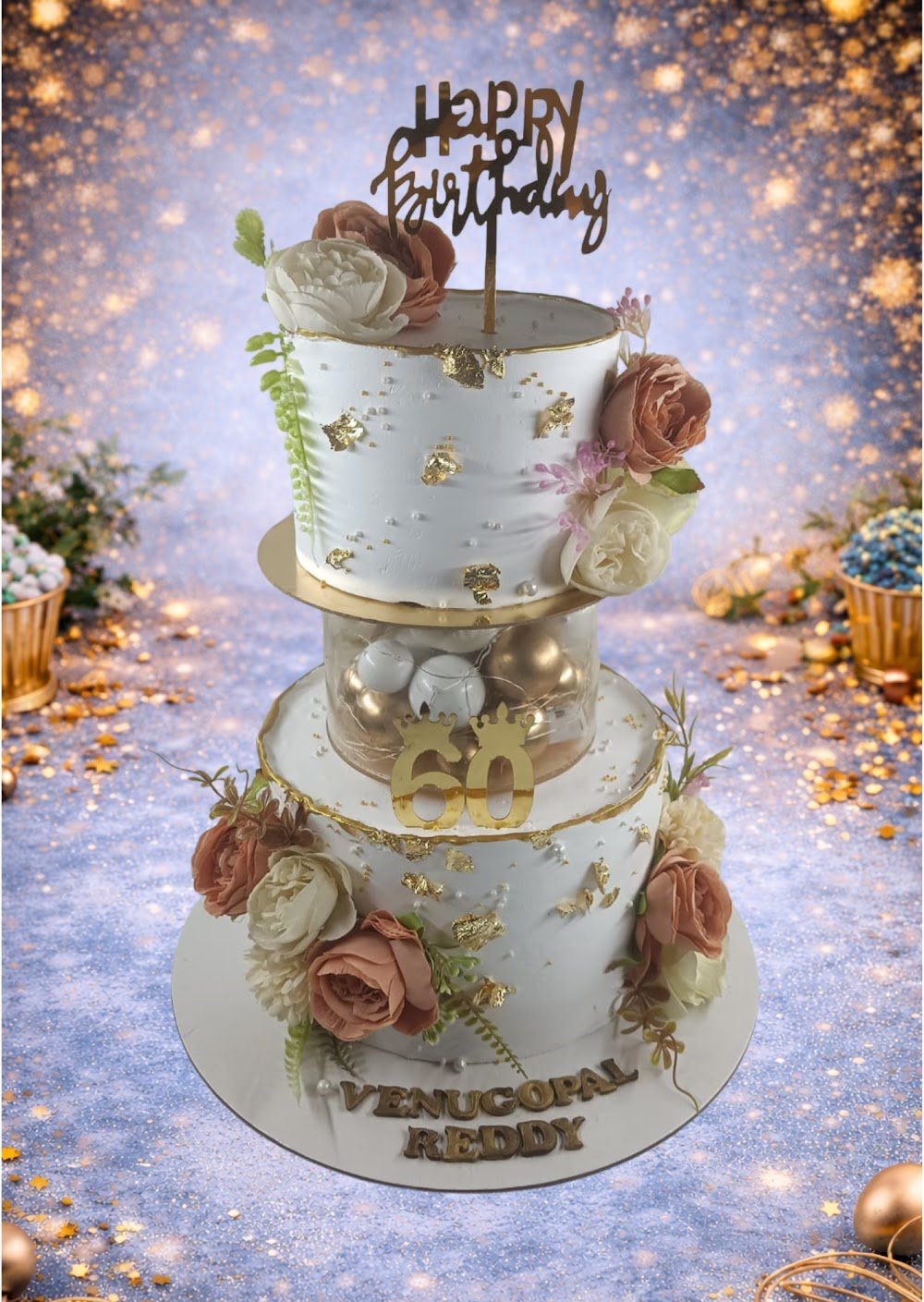 Elegant White and Gold Tiered Cake by Bakers Home Bengaluru