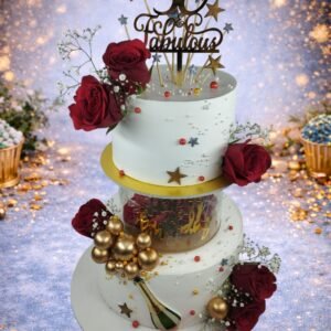 Elegant White and Red Tiered Cake by Bakers Home Bengaluru