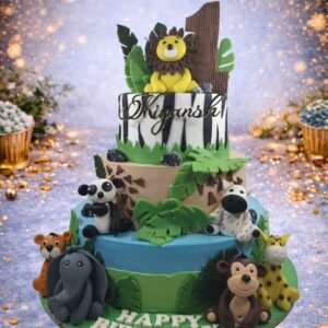 Tiered Jungle Cake with Lion and Giraffe by Bakers Home Bengaluru