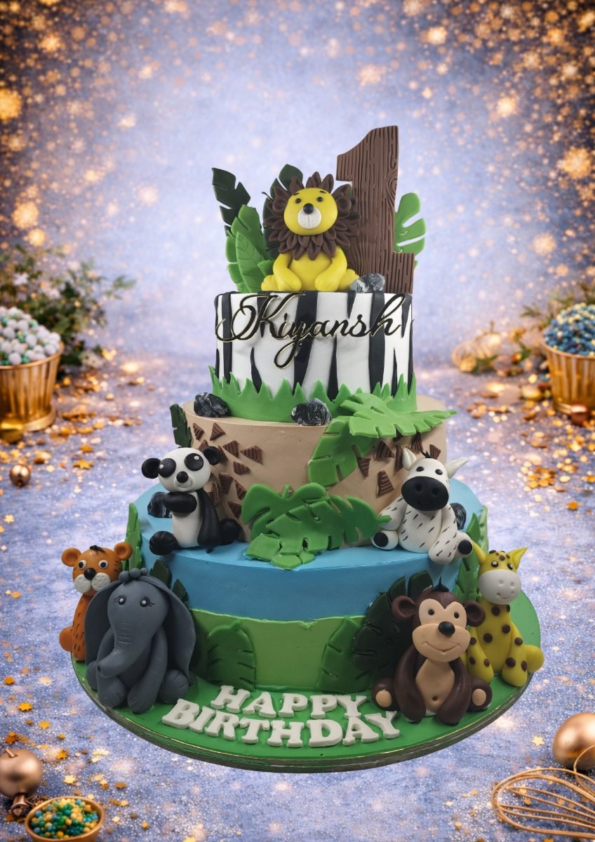 Tiered Jungle Cake with Lion and Giraffe by Bakers Home Bengaluru