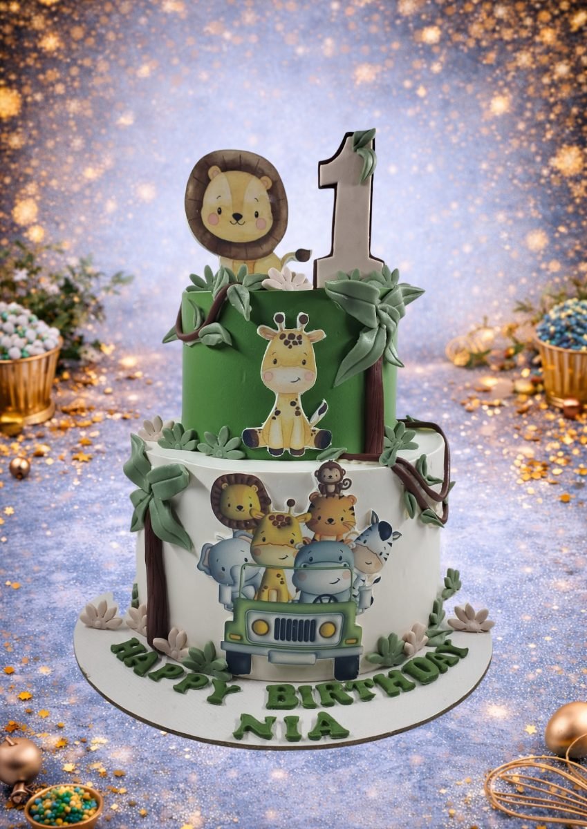 Tiered Jungle Cake with Lion and Leaves by Bakers Home Bengaluru