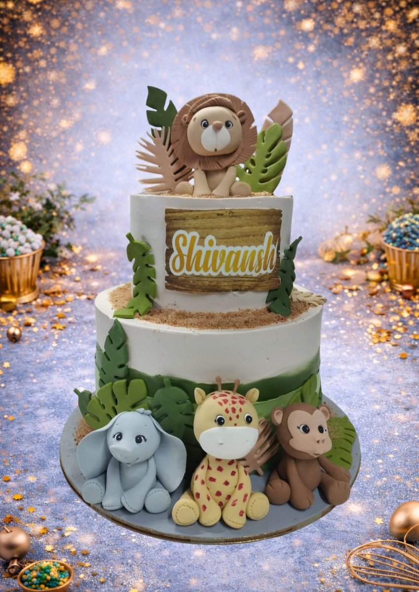 Tiered Safari Cake with Lion and Giraffe by Bakers Home Bengaluru